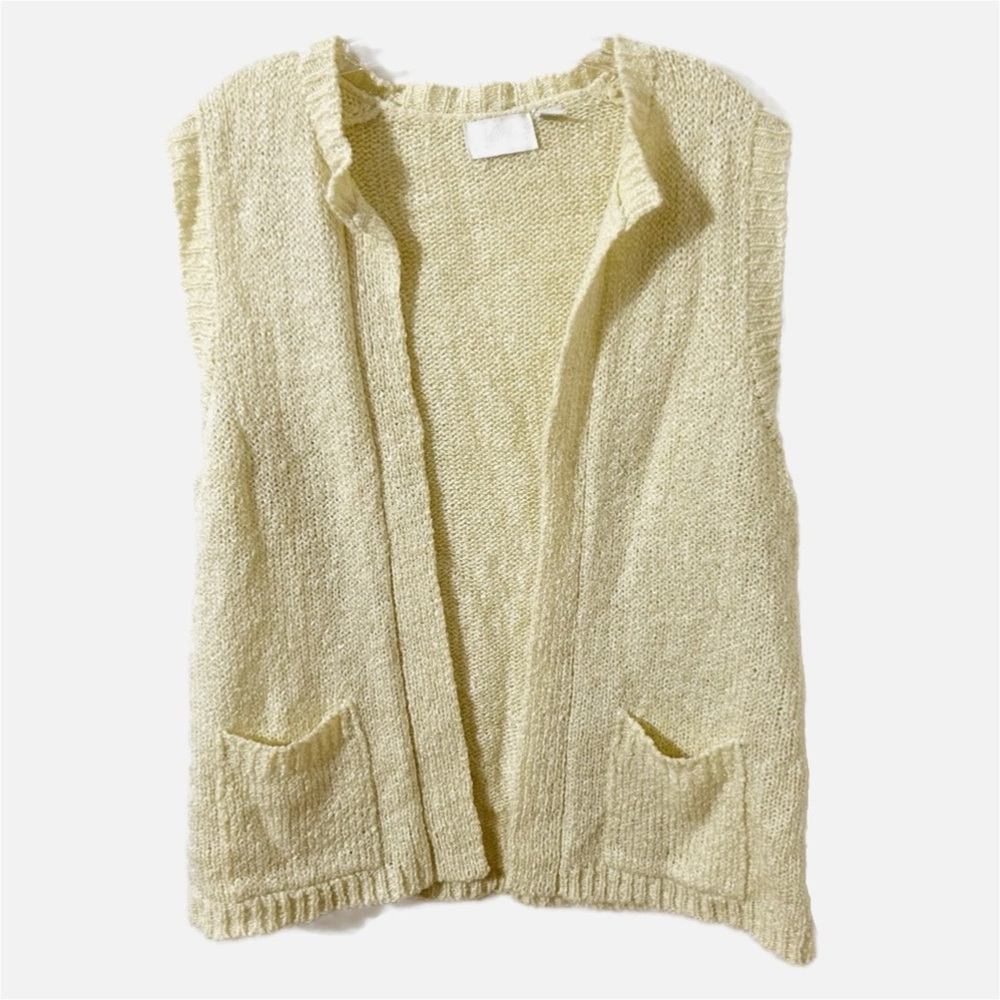 Vintage Alicia Cream Open-Front Cardigan Sweater Vest Two Front Patch Pockets